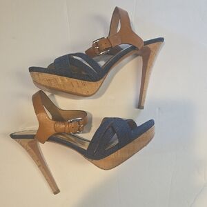Coach Blue Denim and Tan Cork Platform Sandals